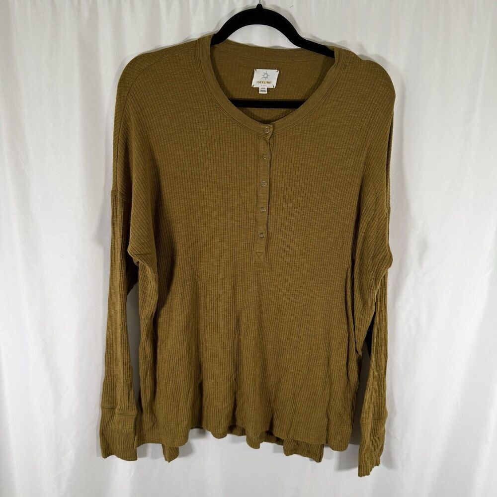Offline by Aerie Shirt Women's Small Brown Green Snap Up Ribbed Long Sleeve
